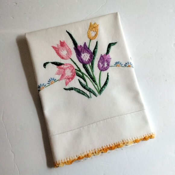 Vintage White Pillow Case with Hand Embroidered Tulips and Crocheted Edging - Picture 1 of 6